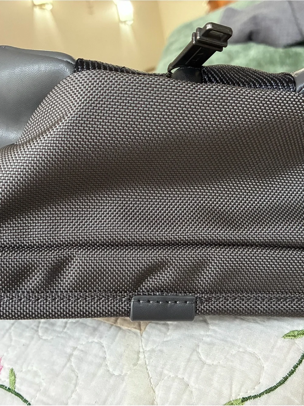 TUMI Men's Gray Higgins Crossbody Sling Bag with Tan Leather Tag